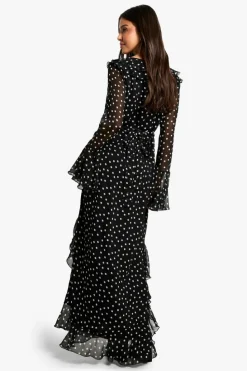 Maxi Dresses|Long Sleeve Dresses*boohoo Polka Dot Ruffle Flare Sleeve Belted Chiffon Maxi Dress black