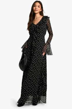Maxi Dresses|Long Sleeve Dresses*boohoo Polka Dot Ruffle Flare Sleeve Belted Chiffon Maxi Dress black