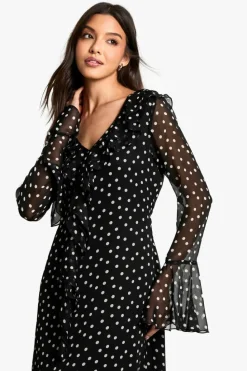 Maxi Dresses|Long Sleeve Dresses*boohoo Polka Dot Ruffle Flare Sleeve Belted Chiffon Maxi Dress black