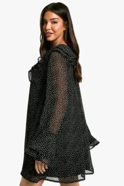 Mini Dresses*boohoo Polka Dot Ruffle Shift Mini Dress black