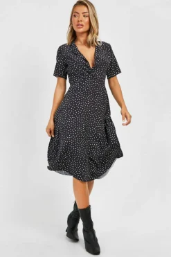 Shirt Dresses|Skater Dresses*boohoo Polka Dot Shirt Style Midi Dress black