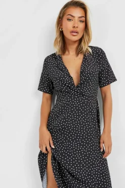 Shirt Dresses|Skater Dresses*boohoo Polka Dot Shirt Style Midi Dress black