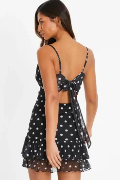 Skater Dresses*Quiz Polka Print Dot Frill Mini Dress Black