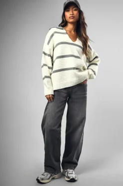 Jumpers|Knitwear*boohoo Polo Collared Stripe Jumper cream