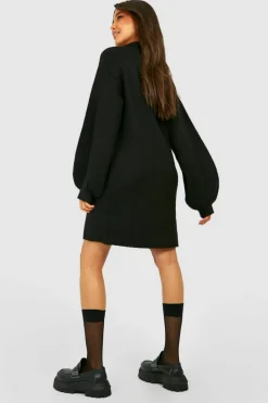 Jumper Dresses|Jumper Dresses*boohoo Polo Neck Oversized Knitted Jumper Dress black