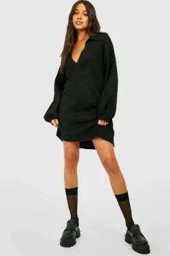 Jumper Dresses|Jumper Dresses*boohoo Polo Neck Oversized Knitted Jumper Dress black