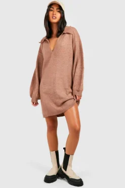 Jumper Dresses|Jumper Dresses*boohoo Polo Neck Oversized Knitted Jumper Dress camel