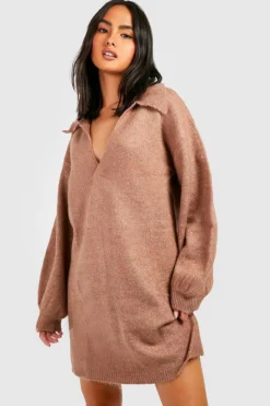 Jumper Dresses|Jumper Dresses*boohoo Polo Neck Oversized Knitted Jumper Dress camel