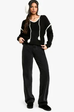 Jumpers|Up To 80% Off Winter Warmers*boohoo Pom Pom Contrast Trim Knitted Hoody black