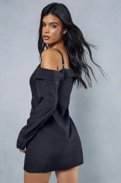 Shirt Dresses*MissPap Poplin Off The Shoulder Button Through Shirt Dress black