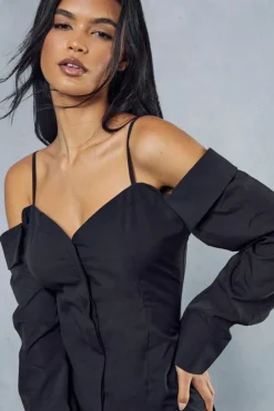 Shirt Dresses*MissPap Poplin Off The Shoulder Button Through Shirt Dress black