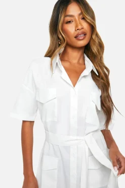 Shirt Dresses|T-Shirt Dresses*boohoo Poplin Short Sleeve Utility Shirt Dress white