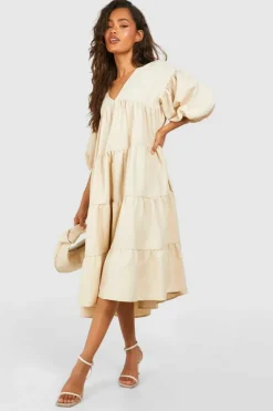 Smock Dresses|Midi Dresses*boohoo Poplin V Neck Tiered Midi Smock Dress stone
