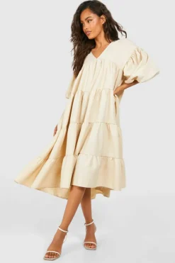 Smock Dresses|Midi Dresses*boohoo Poplin V Neck Tiered Midi Smock Dress stone