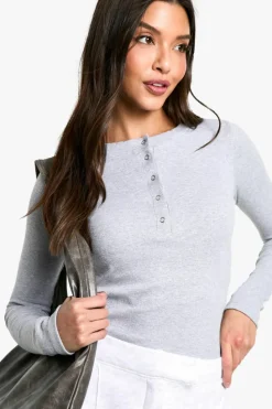 Long Sleeve Tops|Tops*boohoo Popper Front Rib Long Sleeve Top grey marl