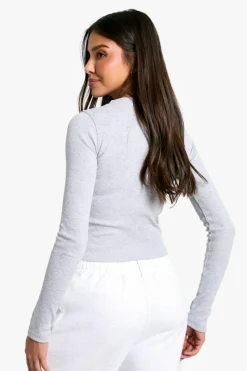 Long Sleeve Tops|Tops*boohoo Popper Front Rib Long Sleeve Top grey marl