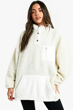 Sweatshirts|Hoodies & Sweatshirts*boohoo Popper Funnel Neck Oversized Borg Sweatshirt cream