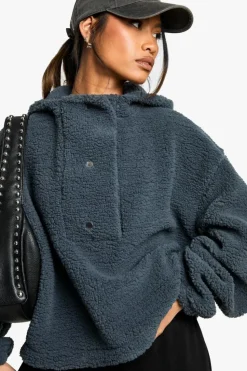 Sweatshirts|Hoodies & Sweatshirts*boohoo POPPER NECKLINE OVERSZIED BORG HOODIE charcoal