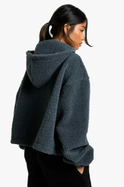 Sweatshirts|Hoodies & Sweatshirts*boohoo POPPER NECKLINE OVERSZIED BORG HOODIE charcoal