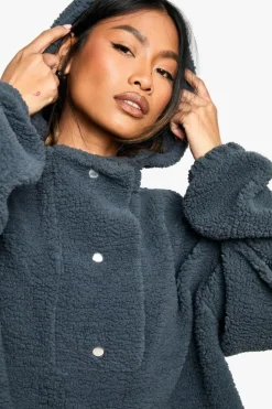 Sweatshirts|Hoodies & Sweatshirts*boohoo POPPER NECKLINE OVERSZIED BORG HOODIE charcoal