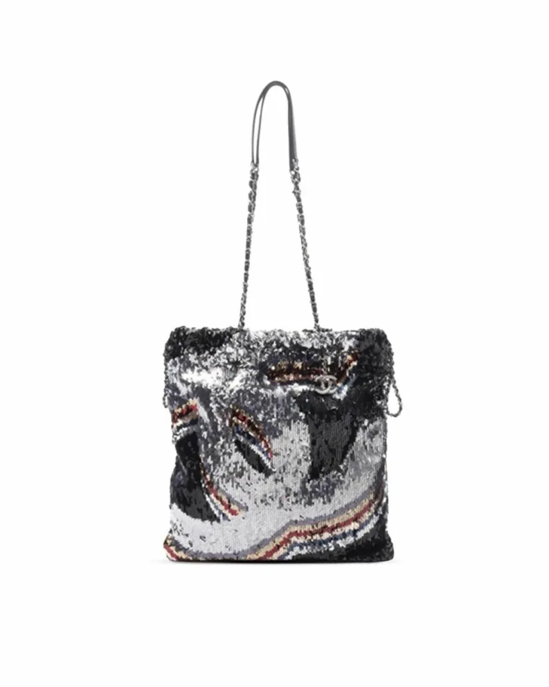 Tote Bags*Chanel Preloved 19 Sequin Tote Bag Silver