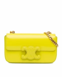 Shoulder Bags*Celine Preloved Calfskin Chain-Link Shoulder Bag with Front Flap and Magnetic Yellow
