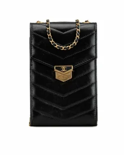 Clutch Bags*Chanel Preloved Calfskin Chevron Medal Envelope Clutch with Chain Black
