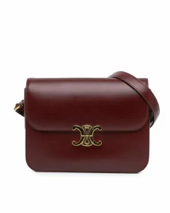 Cross-Body Bags*Celine Preloved Calfskin Leather Triomphe Crossbody Bag with Push Lock Red