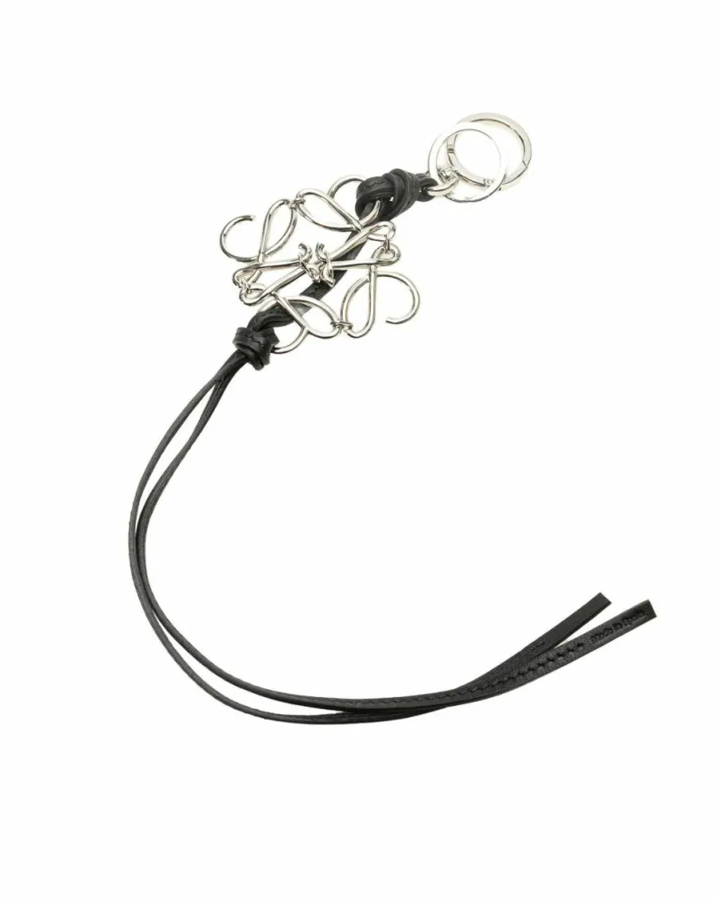 Rings*LOEWE Preloved Calfskin Leather Key Chain with Silver-Tone Metal Ring Black