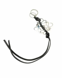 Rings*LOEWE Preloved Calfskin Leather Key Chain with Silver-Tone Metal Ring Black