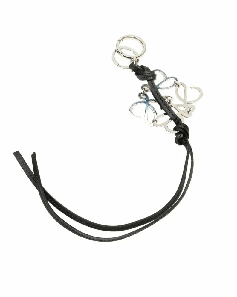 Rings*LOEWE Preloved Calfskin Leather Key Chain with Silver-Tone Metal Ring Black