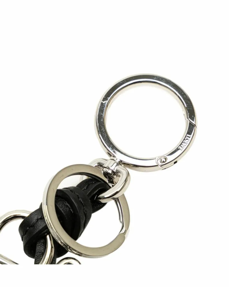 Rings*LOEWE Preloved Calfskin Leather Key Chain with Silver-Tone Metal Ring Black
