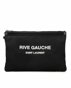 Clutch Bags*Saint Laurent Preloved Canvas Clutch with Leather Trim and Top Zip Closure Black