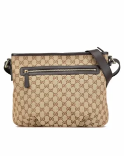 Cross-Body Bags*Gucci Preloved Canvas Crossbody Bag with Leather Trim and Multiple Pockets Brown