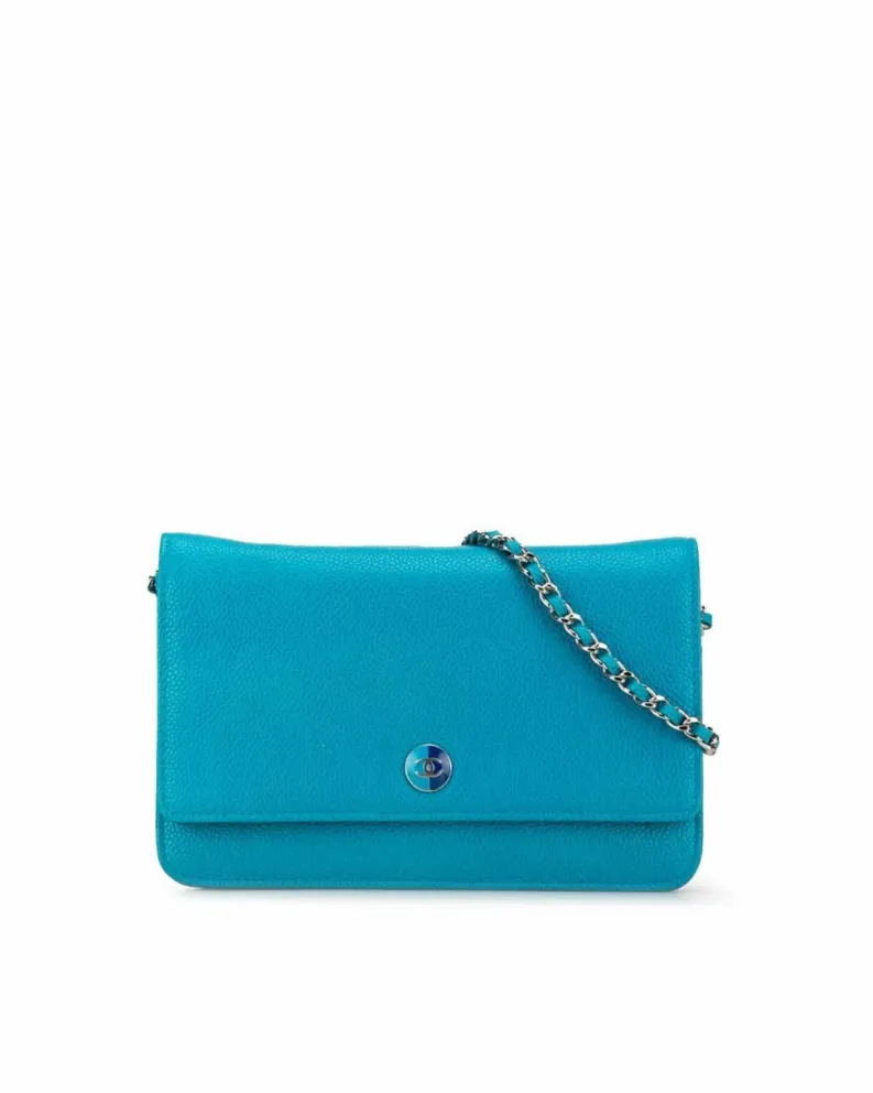 Cross-Body Bags*Chanel Preloved Caviar Bicolor CC Leather Crossbody Wallet with Chain Blue