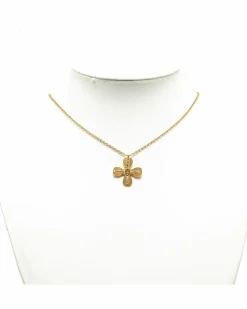 Necklaces*Chanel Preloved CC Flower Necklace Tone Metal Clear Crystal Pendant Gold