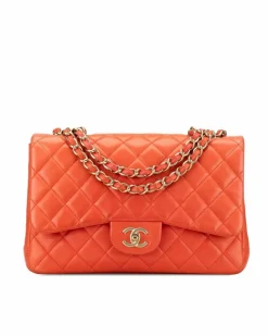Shoulder Bags*Chanel Preloved Classic Double Flap Lambskin Leather Shoulder Bag - Orange