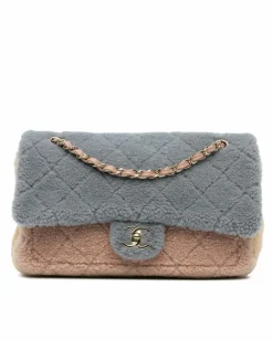 Shoulder Bags*Chanel Preloved Classic Flap Bag in Shearling - Two-Tone Gray and Beige Grey