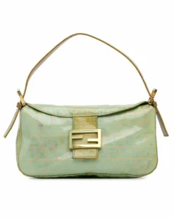 Shoulder Bags*Fendi Preloved Crystal Double Flap Shoulder Bag with Gold-Tone Hardware Green