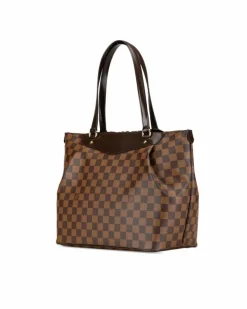 Tote Bags*Louis Vuitton Preloved Damier Canvas Tote with Leather Trim and Flat Straps Brown
