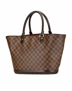 Tote Bags*Louis Vuitton Preloved Damier Canvas Tote with Leather Handles and Front Flap Brown