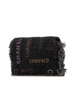 Clutch Bags*Chanel Preloved Denim Clutch with Leather Woven Chain Strap Black