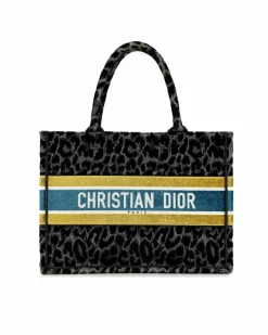 Tote Bags*Dior Preloved Embroidered Canvas Leopard Print Tote Bag Black