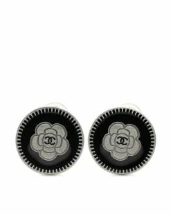 Earrings*Chanel Preloved Enamel Camellia Clip-On Earrings with Silver Plating Black