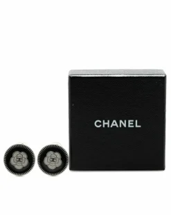Earrings*Chanel Preloved Enamel Camellia Clip-On Earrings with Silver Plating Black