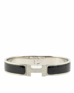 Bracelets*Hermes Preloved Enamel Clic H Palladium Plated Bracelet Black
