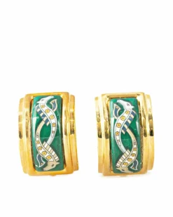 Earrings*Hermes Preloved Enamel Cloisonne Gold-Plated Clip-On Earrings Green