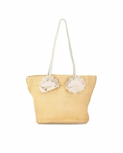 Tote Bags*Miu Miu Preloved Floral Embellished Straw Tote with Leather Trim Brown