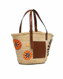 Tote Bags*LOEWE Preloved Floral Embroidered Raffia Basket Tote with Leather Straps Brown