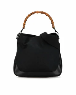 Shoulder Bags*Gucci Preloved GG Supreme Canvas Bamboo Handle Shoulder Bag Black
